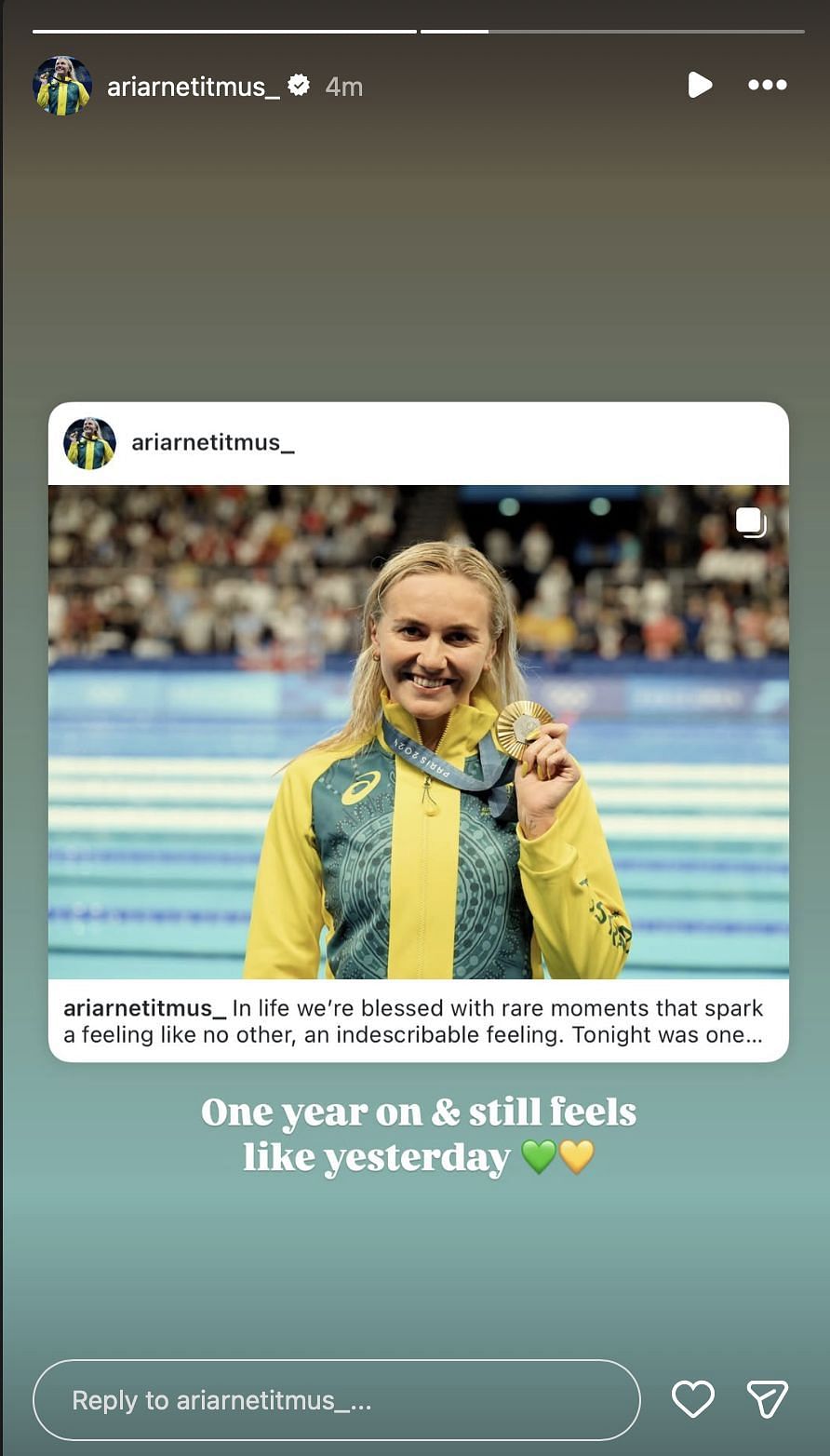 Ariarne Titmus reacts to her Olympic win | Instagram@ariarnetitmus_